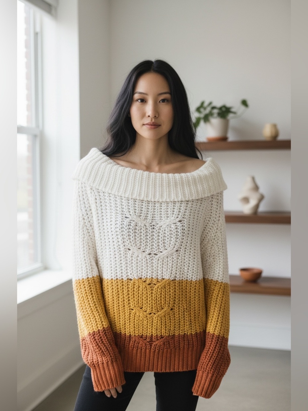 Derek Heart XL Colorblock Off Shoulder Lace Up Back Heart Knit Sweater